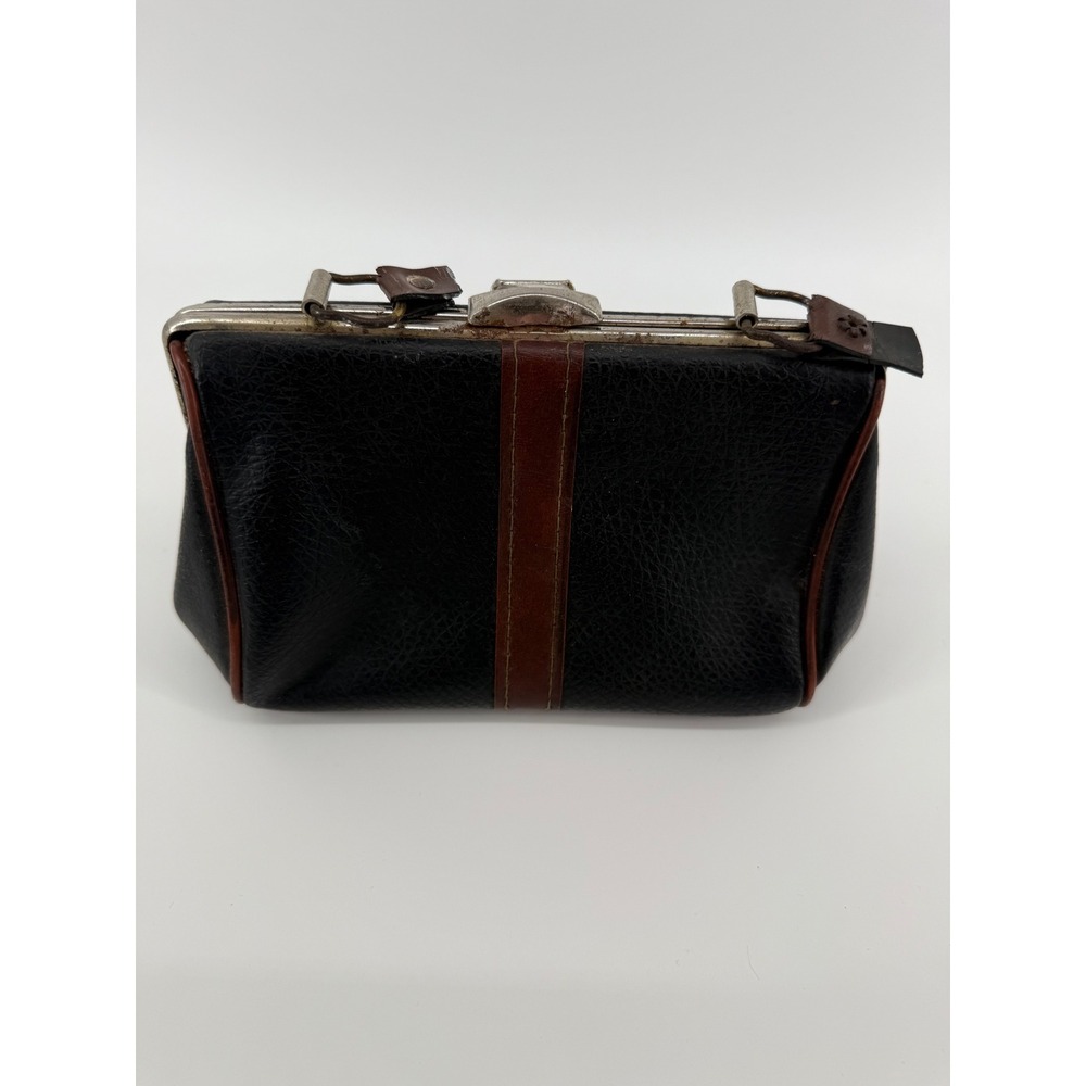 Vintage‎ Black Leather Clutch Purse Kiss Lock Frame Small Bag Women